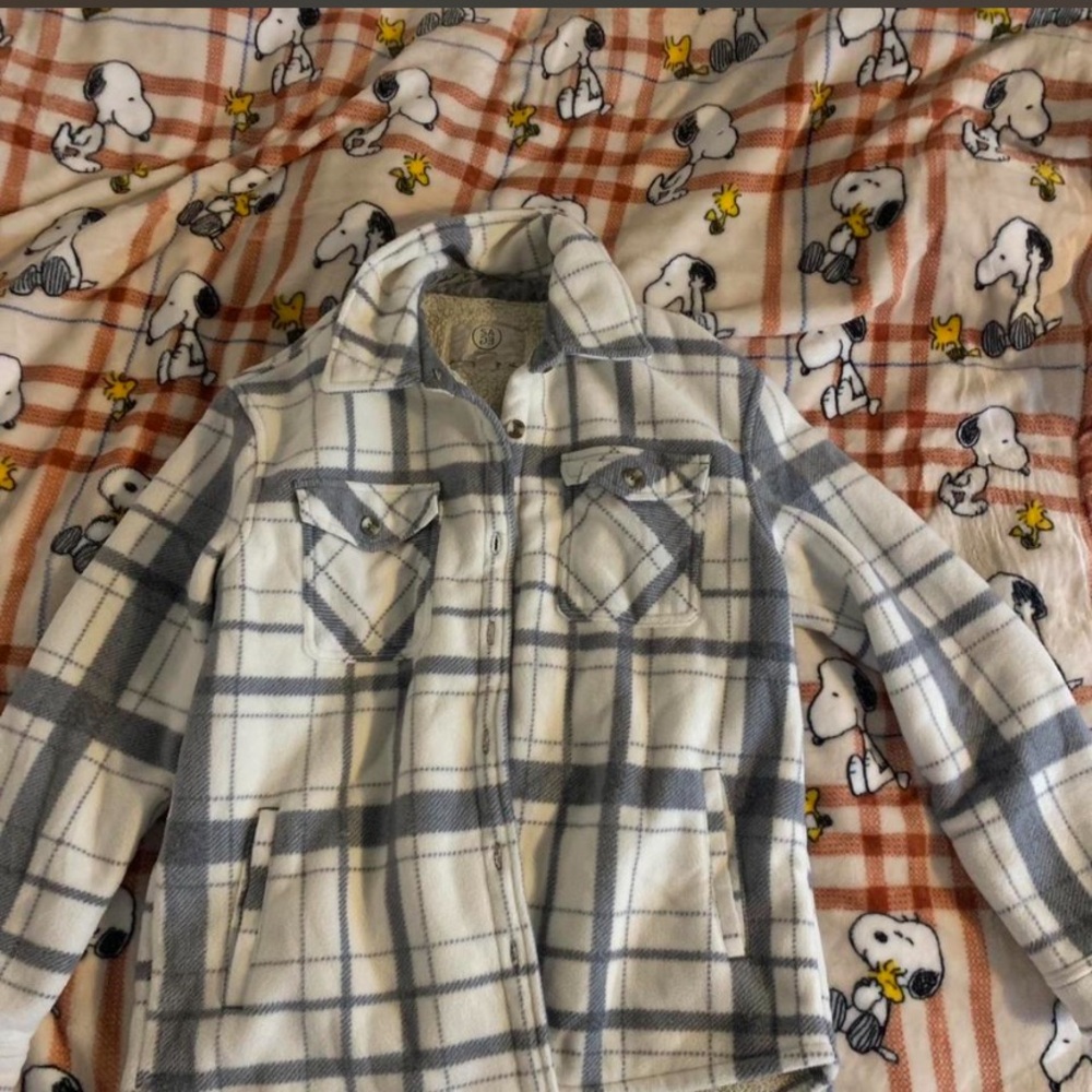 Plaid Teddy Jacket - White and Gray